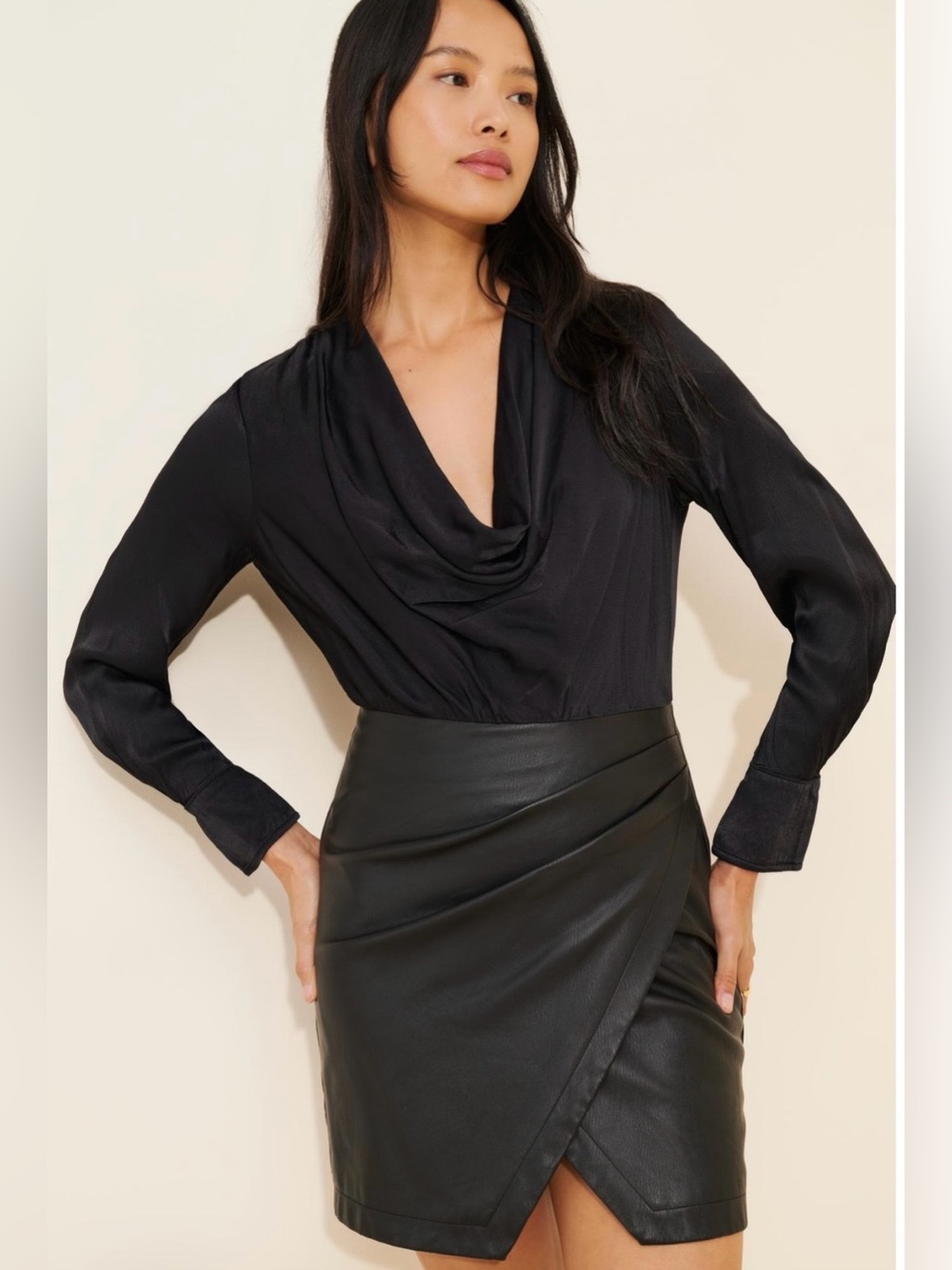 Anthropologie Black Faux Leather Dress with Drape-Neck Long Sleeve